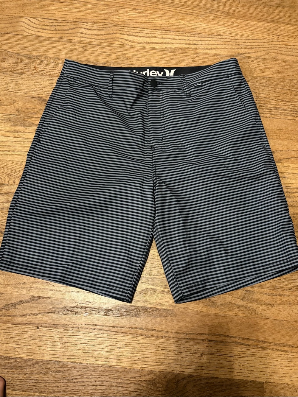 Hurley Men's Navy and Gray Striped Swim Board Shorts